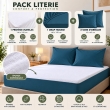 Pack literie &ndash; Prot&egrave;ge matelas 140x190 imperm&eacute;able + drap housse + 2 taies Bleu, image n° 2