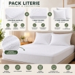 Pack literie &ndash; Prot&egrave;ge matelas 140x190 imperm&eacute;able + drap housse + 2 taies Blanc, image n° 2