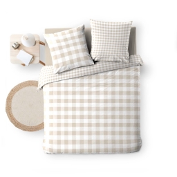 Parure de lit 3 pi&egrave;ces 240 x 220 cm VICTORINE &ndash; Vichy naturel &ndash; Coton 57 fils r&eacute;versible
