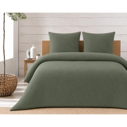 Parure de lit compl&egrave;te 240 x 220 cm gaze de coton &ndash; 2 taies 63x63 cm + drap housse 140x190 cm Kaki