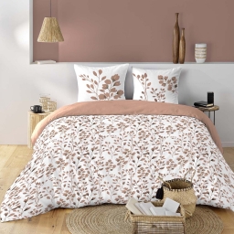 Housse de couette 200 x 200 cm MAIWENA Mocha + 2 taies &ndash; Coton 57 fils &ndash; Imprim&eacute; v&eacute;g&eacute;tal