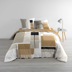 Parure de lit 3 pi&egrave;ces 240 x 220 cm QUADRO Miel &ndash; Imprim&eacute; g&eacute;om&eacute;trique
