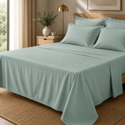 Drap Plat Percale 240 x 300 cm &ndash; Pur Coton Peign&eacute; Longues Fibres 80 Fils/cm&sup2; - C&eacute;ladon