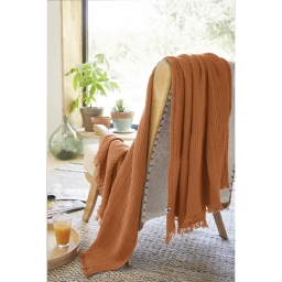 Plaid à franges 130 x 160 cm – Double Gaze de Coton – GAÏA Abricot