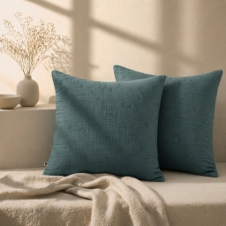 Lot de 2 Taies d&rsquo;Oreiller 60 x 60 cm &ndash; Gaze de Coton Brod&eacute;e &ndash; GA&Iuml;A BOHO Bleu canard