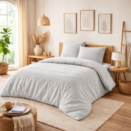 Parure de couette NIDRA 240 x 220 cm &ndash; Coton nid d&rsquo;abeille &ndash; Perle &ndash; 2 taies 65 x 65 cm