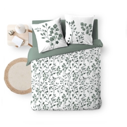 Housse de couette 240 x 220 cm MAIWENA Sauge + 2 taies &ndash; Coton 57 fils &ndash; Imprim&eacute; v&eacute;g&eacute;tal