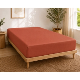 Drap-housse 140 x 190 cm Percale de Coton Peign&eacute; Terracotta &ndash; 80 fils/cm&sup2; &ndash; Bonnet 35 cm