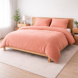 Parure de lit 260 x 240 cm Sienna Rose saumon + 2 taies 63x63 cm &ndash; Double face gaze de coton & coton 57 fils