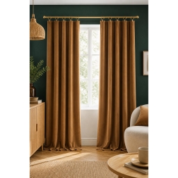 Lot de 2 rideaux velours camel 140 x 270 cm ajustables &ndash; Anneaux pince &ndash; Coton &eacute;pais &ndash; C&Eacute;SAR