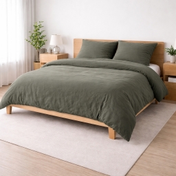 Parure de lit 260 x 240 cm Sienna Kaki + 2 taies 63x63 cm &ndash; Double face gaze de coton & coton 57 fils