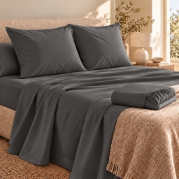 Ensemble literie 4 pi&egrave;ces &ndash; Drap plat 240 x 300 cm + drap housse 140x190 cm + 2 taies 63x63 cm &ndash; Percale 78 fils &ndash; Anthracite