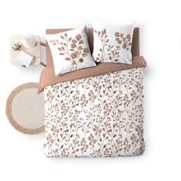 Housse de couette 240 x 220 cm MAIWENA Mocha + 2 taies &ndash; Coton 57 fils &ndash; Imprim&eacute; v&eacute;g&eacute;tal