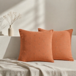 Lot de 2 Taies d&rsquo;Oreiller 60 x 60 cm &ndash; Gaze de Coton Brod&eacute;e &ndash; GA&Iuml;A BOHO Abricot