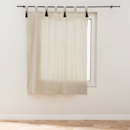 Rideau &agrave; passants 140 x 180 cm polycoton uni CYRINE &ndash; Pompons noirs &ndash; Petite hauteur