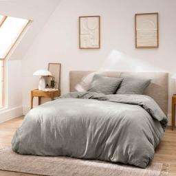 Parure de lit 3 pi&egrave;ces 260 x 240 cm en fils teints lav&eacute;s unis &ndash; Meline Anthracite (60 fils)