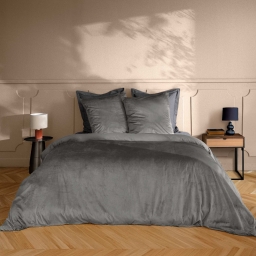 Housse de Couette 240 x 220 cm &ndash; Velours Uni &ndash; Velina Anthracite + 2 Taies