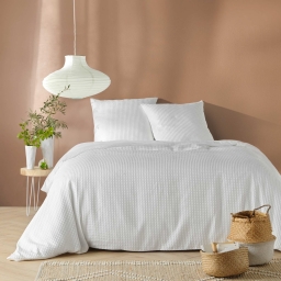 Housse de couette 240x220 cm + 2 taies &ndash; Microfibre gaufr&eacute;e unie blanche ABELIA
