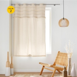 Lot de 2 Rideaux &agrave; &OElig;illets Petite Hauteur 140 x 180 cm &ndash; 100 % Coton Uni + Top Tiss&eacute; &agrave; Franges &ndash; Atlas Naturel