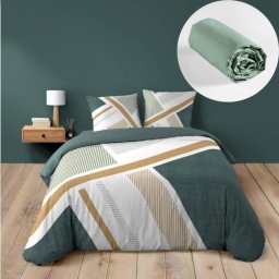 Parure de lit 240 X 220  ZÉPHYR + Drap-housse Sauge 140X190 – 100% coton