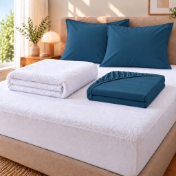 Pack literie &ndash; Prot&egrave;ge matelas 140x190 imperm&eacute;able + drap housse + 2 taies Bleu
