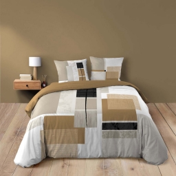 Parure de lit 3 pi&egrave;ces 260 x 240 cm QUADRO Miel &ndash; Imprim&eacute; g&eacute;om&eacute;trique