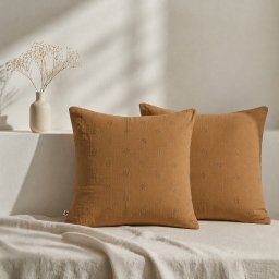 Lot de 2 Taies d&rsquo;Oreiller 60 x 60 cm &ndash; Gaze de Coton Brod&eacute;e &ndash; GA&Iuml;A BOHO Camel