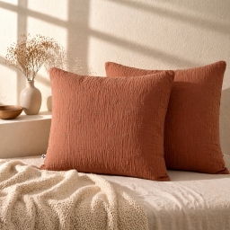 Lot de 2 Taies d&rsquo;Oreiller 60 x 60 cm &ndash; Gaze de Coton Brod&eacute;e &ndash; GA&Iuml;A BOHO Terracotta