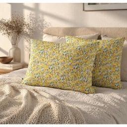 Taie d&rsquo;Oreiller 60 x 60 cm &ndash; Gaze de Coton Imprim&eacute;e &ndash; MANON Jaune Multicolore