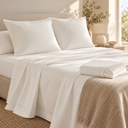 Ensemble literie 4 pi&egrave;ces &ndash; Drap plat 240 x 300 cm + drap housse 140x190 cm + 2 taies 63x63 cm &ndash; Percale 78 fils &ndash; Blanc