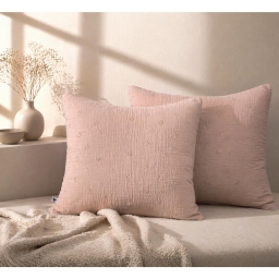 Lot de 2 Taies d&rsquo;Oreiller 60 x 60 cm &ndash; Gaze de Coton Brod&eacute;e &ndash; GA&Iuml;A BOHO Guimauve