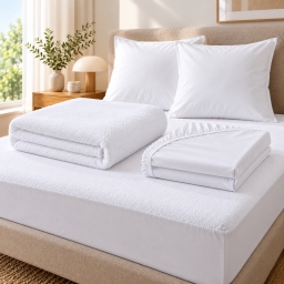 Pack literie &ndash; Prot&egrave;ge matelas 140x190 imperm&eacute;able + drap housse + 2 taies Blanc