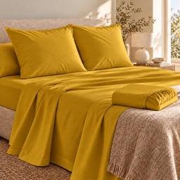 Ensemble literie 4 pi&egrave;ces &ndash; Drap plat 240 x 300 cm + drap housse 140x190 cm + 2 taies 63x63 cm &ndash; Percale 78 fils &ndash; Curry