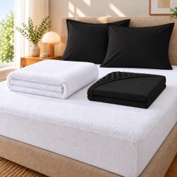 Pack literie &ndash; Prot&egrave;ge matelas 140x190 imperm&eacute;able + drap housse + 2 taies Noir