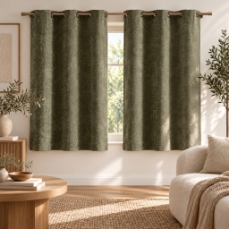 Lot de 2 rideaux &agrave; &oelig;illets 140 x 180 cm Velours chenille COSI Kaki &ndash; Petite hauteur