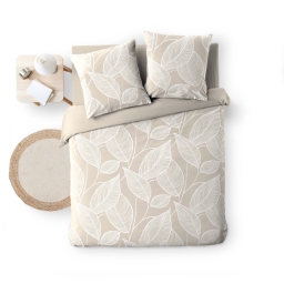 Housse de couette 240 x 220 cm AMANDA + 2 taies &ndash; Coton 57 fils &ndash; Motif feuilles &ndash; Naturel
