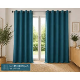 Lot de 2 Rideaux 100% Coton Pr&eacute;lav&eacute; 140 x 260 cm &ndash; KALA BLEU PAON