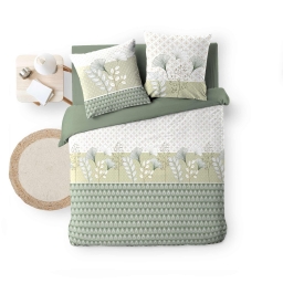 Housse de couette 240 x 220 cm + 2 taies &ndash; Coton 42 fils &ndash; Motif v&eacute;g&eacute;tal vert sauge &ndash; Poetine