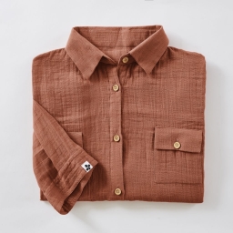 Tunique chemise femme double gaze de coton GA&Iuml;A &ndash; 100% coton &ndash; boutons coco &ndash; taille S/M - Terracotta