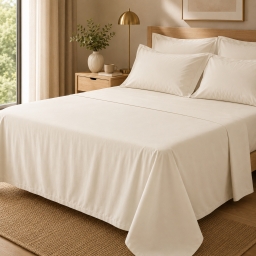 Drap Plat Percale 240 x 300 cm &ndash; Pur Coton Peign&eacute; Longues Fibres 80 Fils/cm&sup2; - Ivoire