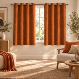 Lot de 2 rideaux &agrave; &oelig;illets 140 x 180 cm Velours chenille COSI Terracotta &ndash; Petite hauteur