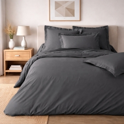Parure de lit 240 x 220 cm &ndash; Percale de coton 78 fils &ndash; Acier &ndash; Qualit&eacute; H&ocirc;tel &ndash; 2 taies 63x63 cm