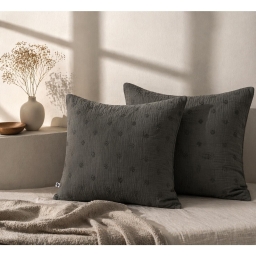 Lot de 2 Taies d&rsquo;Oreiller 60 x 60 cm &ndash; Gaze de Coton Brod&eacute;e &ndash; GA&Iuml;A BOHO Granit