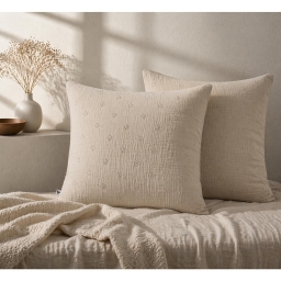 Lot de 2 Taies d&rsquo;Oreiller 60 x 60 cm &ndash; Gaze de Coton Brod&eacute;e &ndash; GA&Iuml;A BOHO Ficelleod&eacute;e &ndash; GA&Iuml;A BOHO Abricot