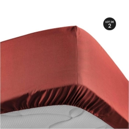 Lot de 2 Draps housse 140 x 190 cm Terracotta &ndash; Percale de coton 78 fils &ndash; Bonnet 30 cm