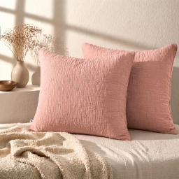 Lot de 2 Taies d&rsquo;Oreiller 60 x 60 cm &ndash; Gaze de Coton Brod&eacute;e &ndash; GA&Iuml;A BOHO Rose p&ecirc;che
