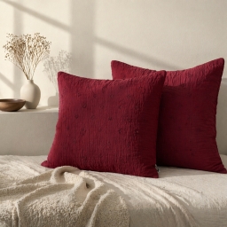 Lot de 2 Taies d&rsquo;Oreiller 60 x 60 cm &ndash; Gaze de Coton Brod&eacute;e &ndash; GA&Iuml;A BOHO Bordeaux