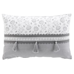 Coussin dehoussable pompon 40x60 cm coton/polyester imp.+dentelle Flavie