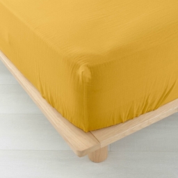 Drap housse 2 personnes 140 x 190 cm double gaze coton 57 fils Angelia Jaune
