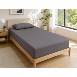 Drap Housse 90x190 cm 1 Place 100% Coton 57 Fils/cm&sup2; Bonnet 30 cm Ardoise